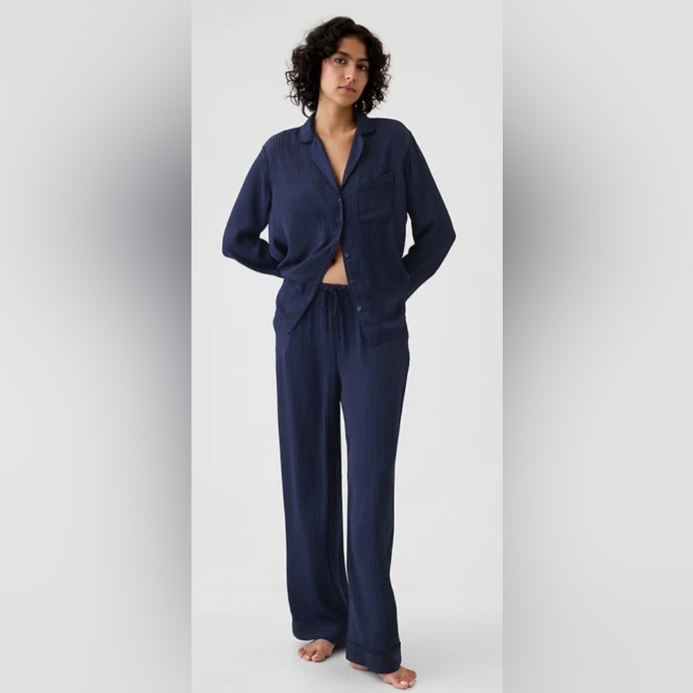 The Gap Satin Navy Blue Button-Up Pajama Set